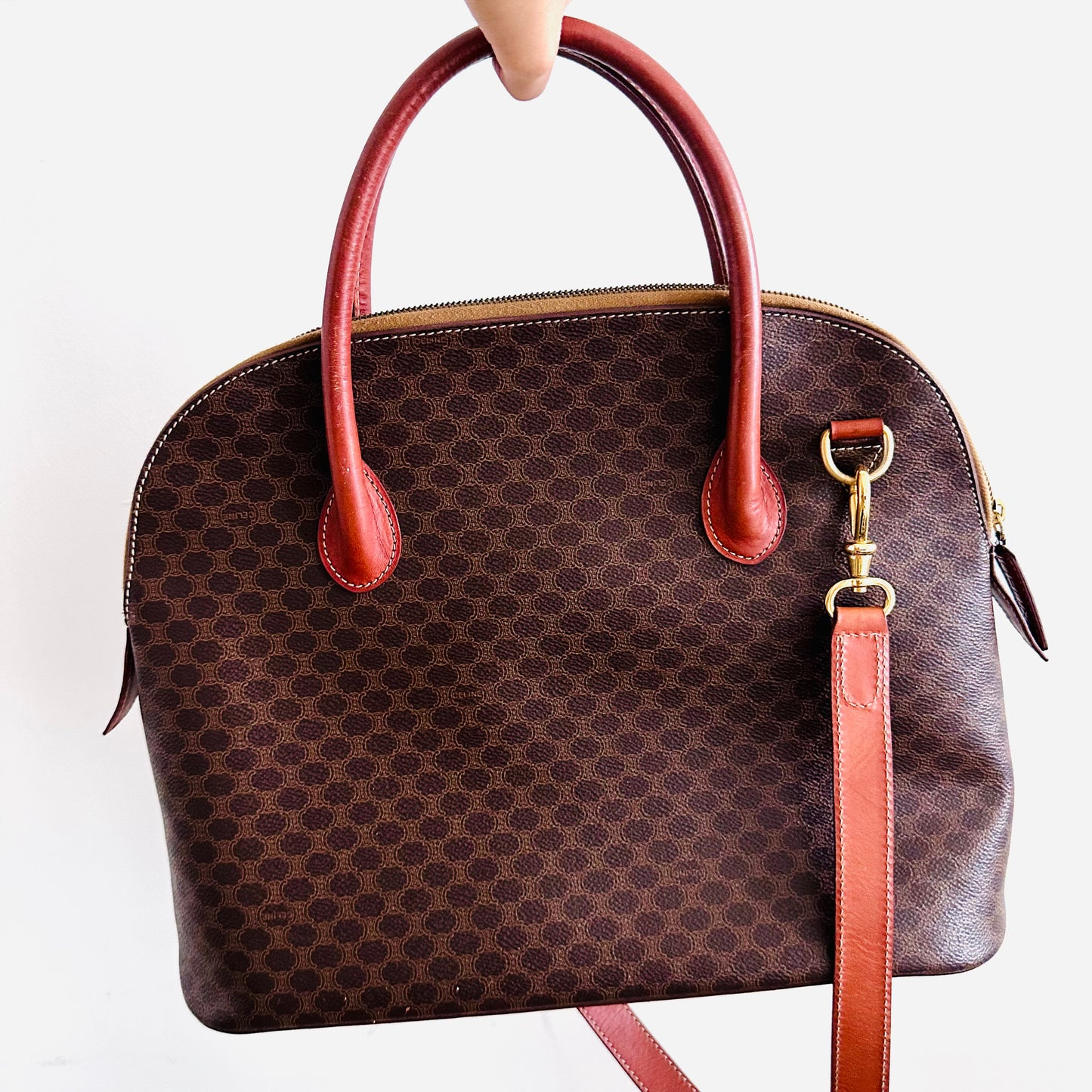 Celine Alma Triomphe Macadam Monogram Logo GHW Bandouliere Vintage 2-Way Top Handle Shoulder Sling Tote Bag