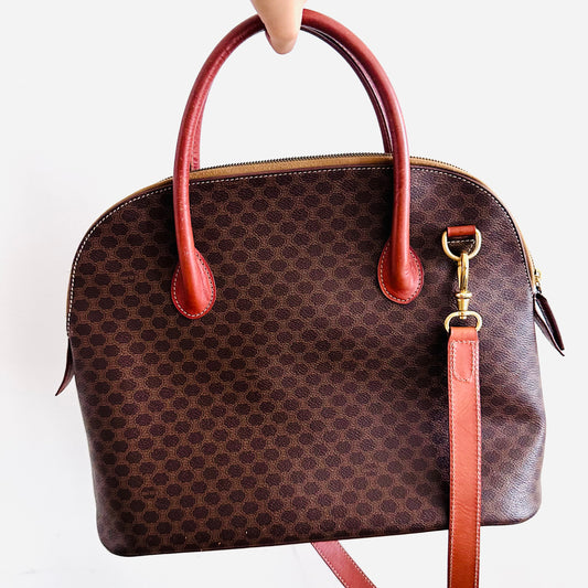 Celine Alma Triomphe Macadam Monogram Logo GHW Bandouliere Vintage 2-Way Top Handle Shoulder Sling Tote Bag