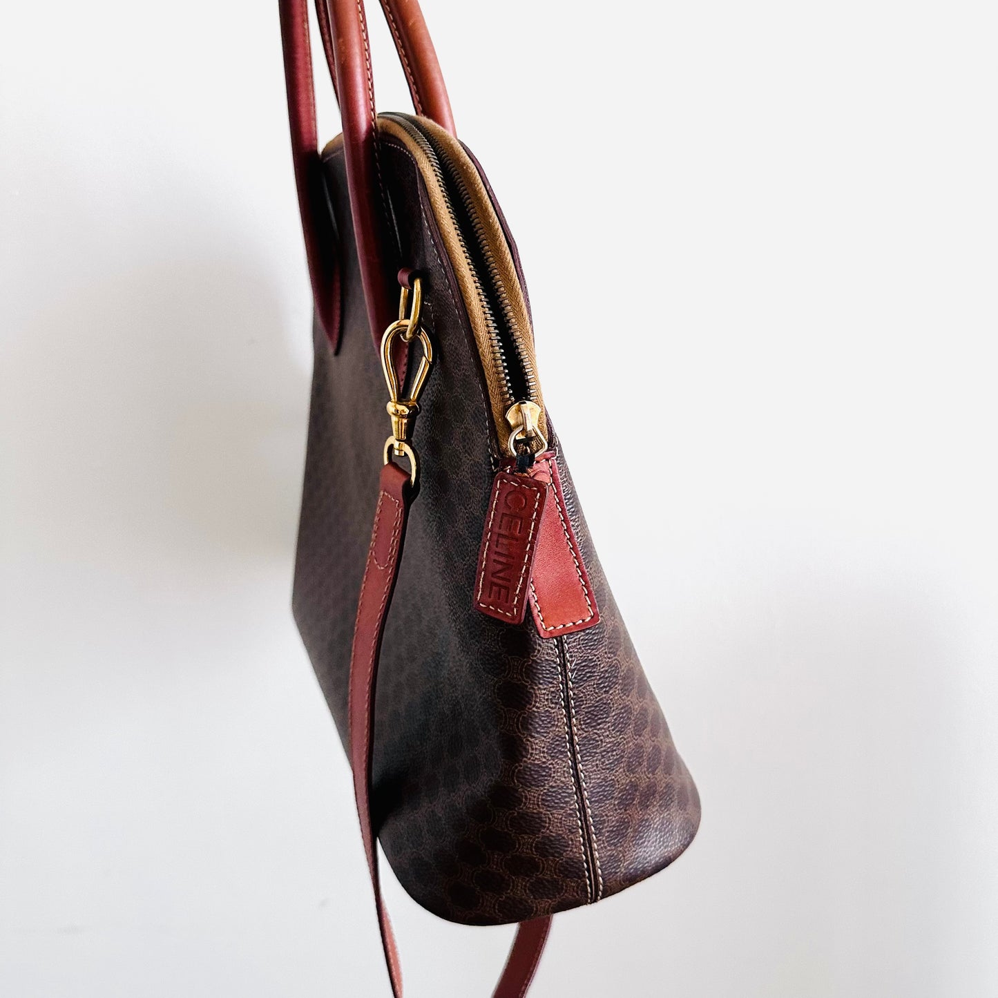 Celine Alma Triomphe Macadam Monogram Logo GHW Bandouliere Vintage 2-Way Top Handle Shoulder Sling Tote Bag