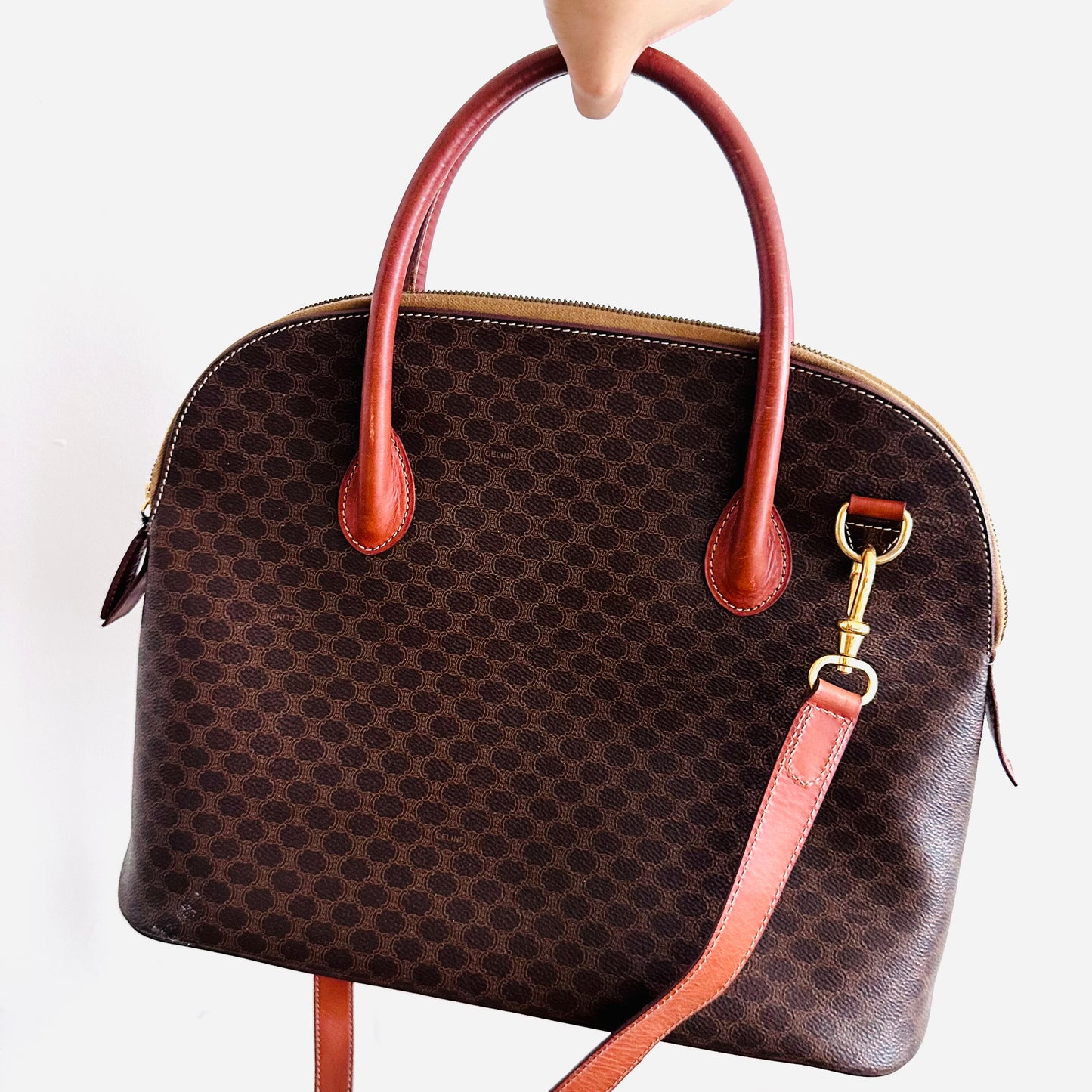 Celine Alma Triomphe Macadam Monogram Logo GHW Bandouliere Vintage 2-Way Top Handle Shoulder Sling Tote Bag