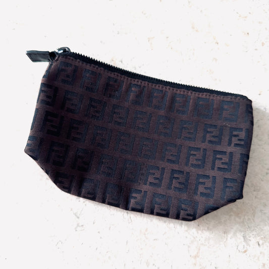 Fendi Black / Brown Zucca Zucchino FF Monogram Logo Zip Pouch