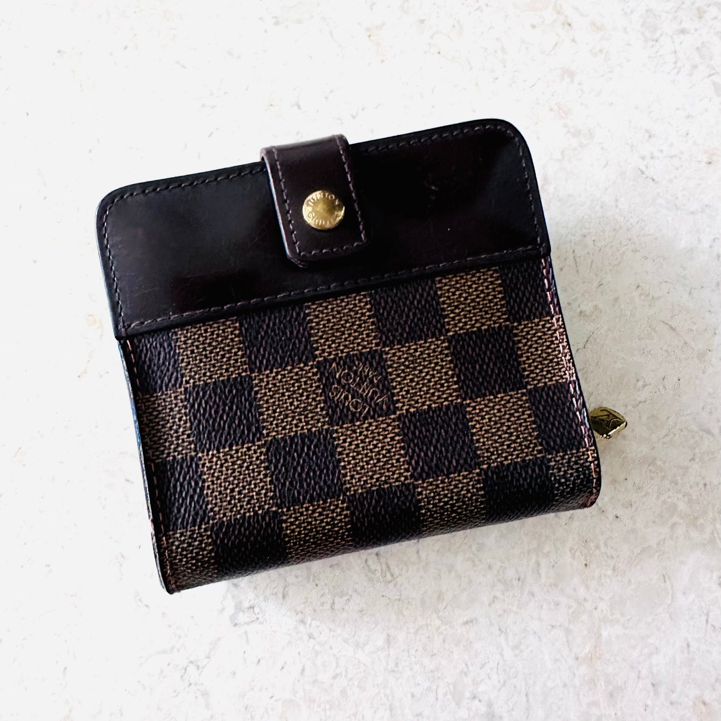 Louis Vuitton LV Damier Ebene DE Monogram Logo GHW Flap Compact Bifold Wallet