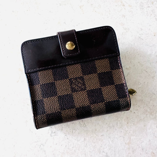 Louis Vuitton LV Damier Ebene DE Monogram Logo GHW Flap Compact Bifold Wallet