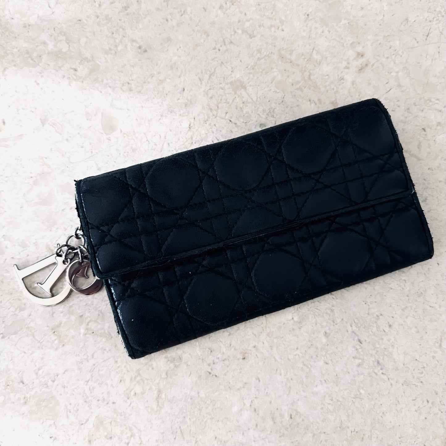 Christian Dior Black Lady Dior Lambskin Flap CD Monogram Logo Quilted Cannage Long Flap Wallet