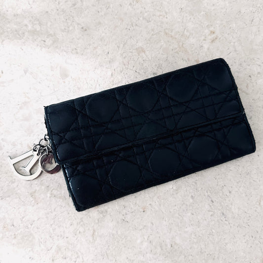 Christian Dior Black Lady Dior Lambskin Flap CD Monogram Logo Quilted Cannage Long Flap Wallet