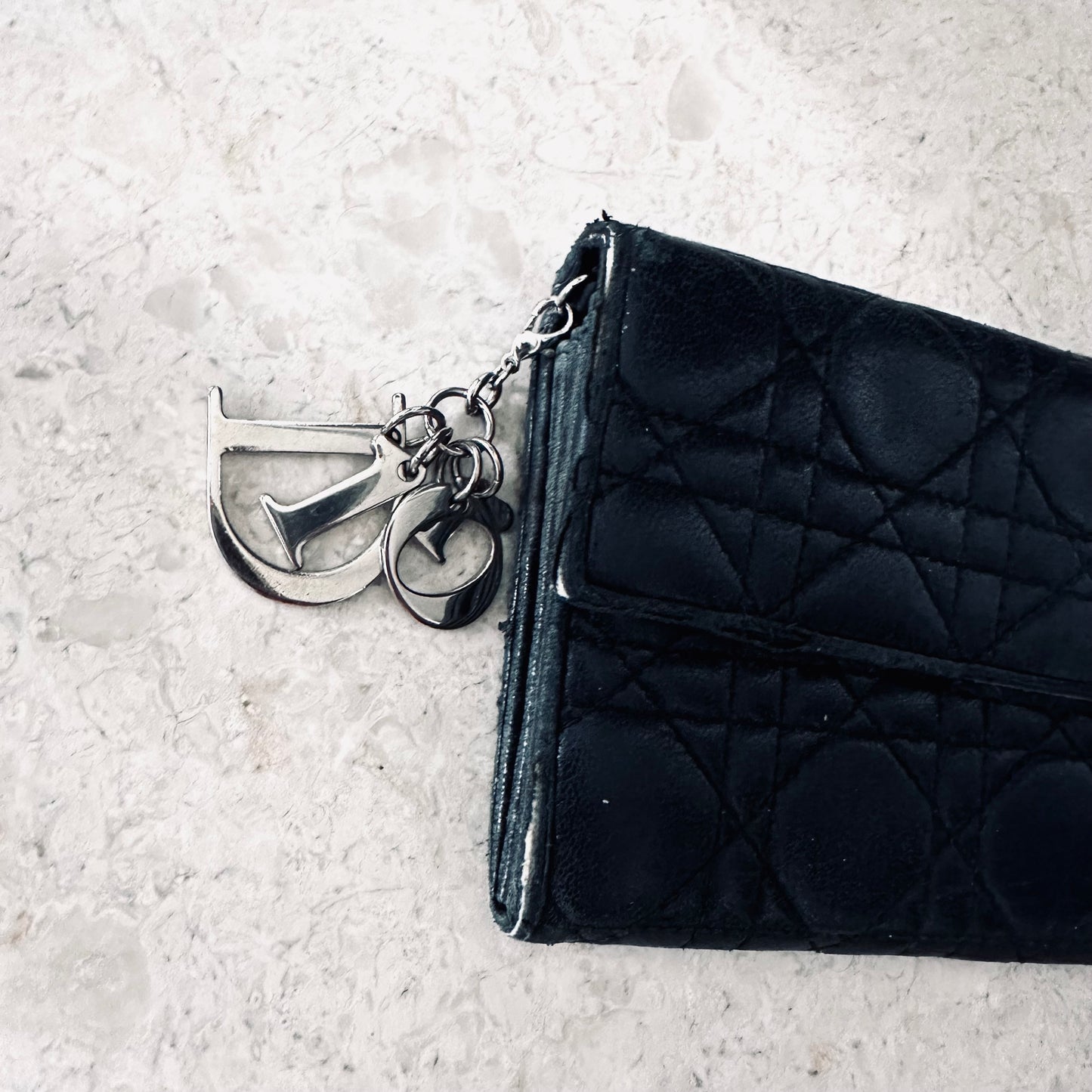 Christian Dior Black Lady Dior Lambskin Flap CD Monogram Logo Quilted Cannage Long Flap Wallet