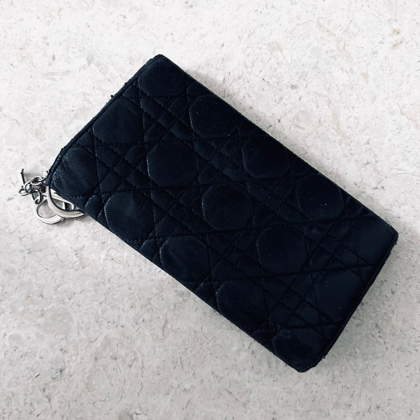 Christian Dior Black Lady Dior Lambskin Flap CD Monogram Logo Quilted Cannage Long Flap Wallet