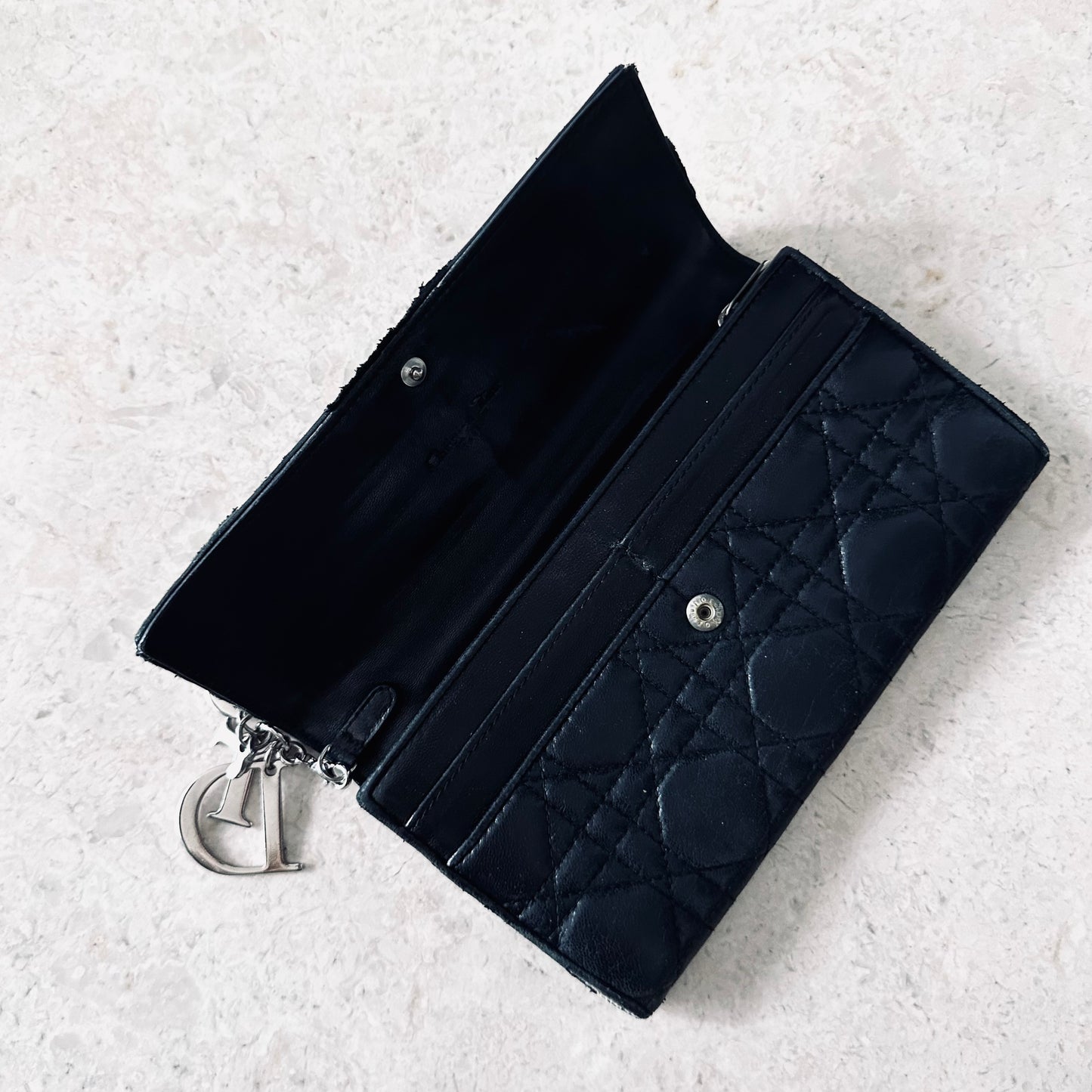 Christian Dior Black Lady Dior Lambskin Flap CD Monogram Logo Quilted Cannage Long Flap Wallet