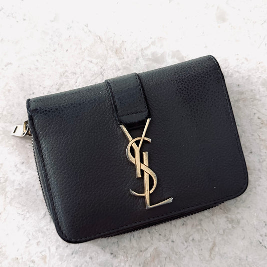 YSL Yves Saint Laurent Dark Grey / Gray GHW Cassandra Compact Flap Leather Zippy Zip Around Wallet