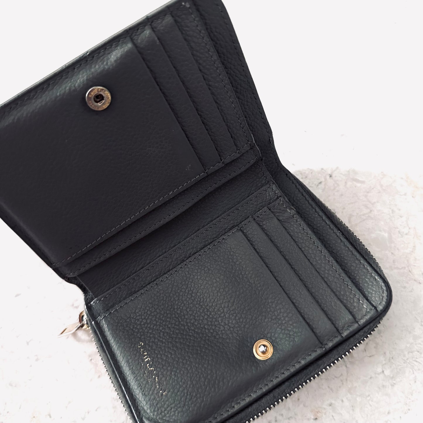 YSL Yves Saint Laurent Dark Grey / Gray GHW Cassandra Compact Flap Leather Zippy Zip Around Wallet