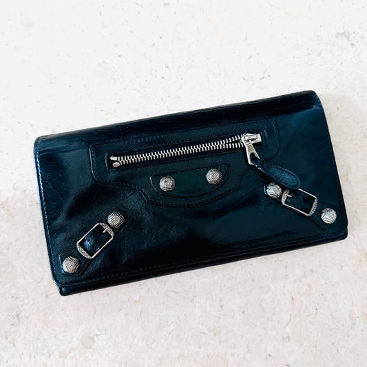 Balenciaga Black Giant City 21 Silver Studs Leather Logo Flap Long Wallet