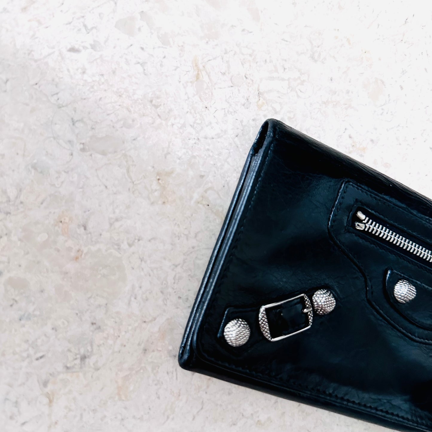 Balenciaga Black Giant City 21 Silver Studs Leather Logo Flap Long Wallet