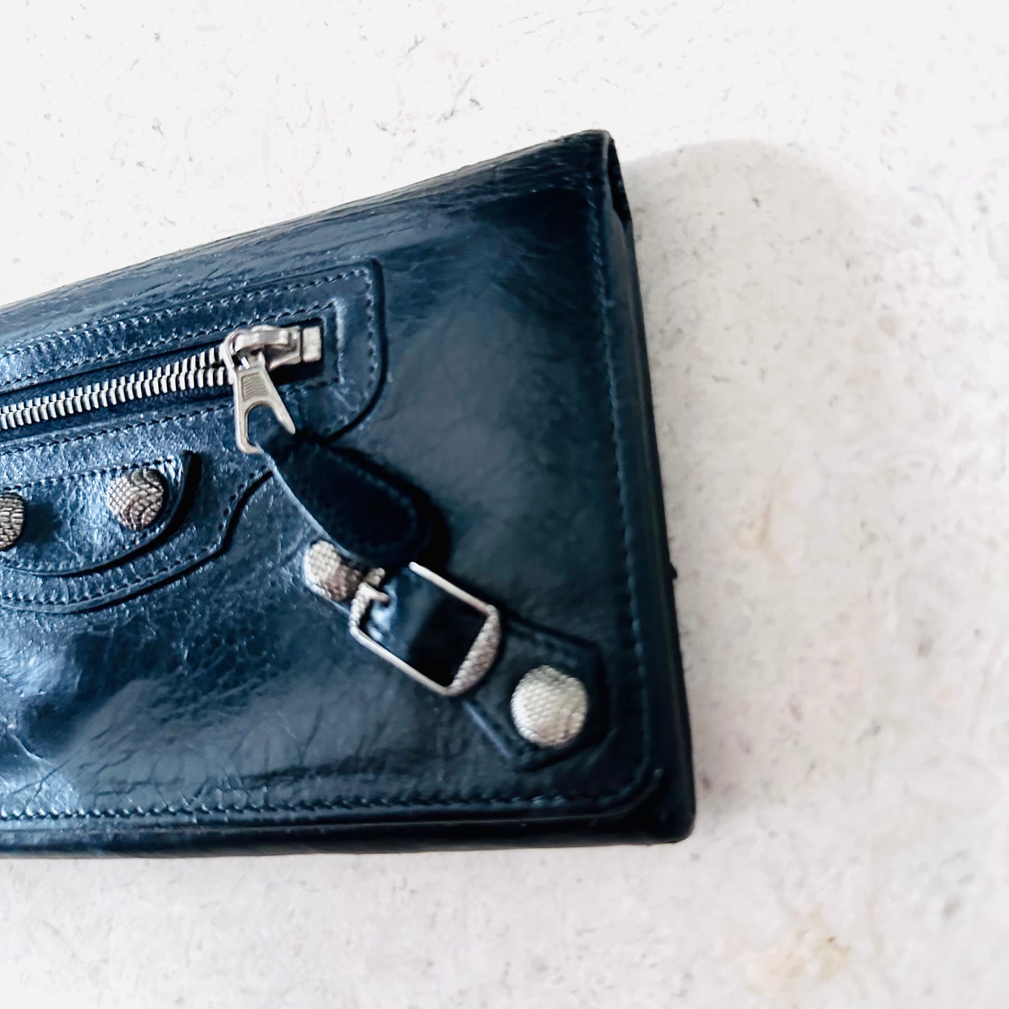Balenciaga Black Giant City 21 Silver Studs Leather Logo Flap Long Wallet