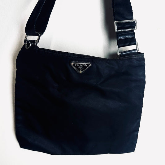 Prada Black Monogram Logo Tessuto Nylon & Leather Zip Flat Shoulder Sling Bag