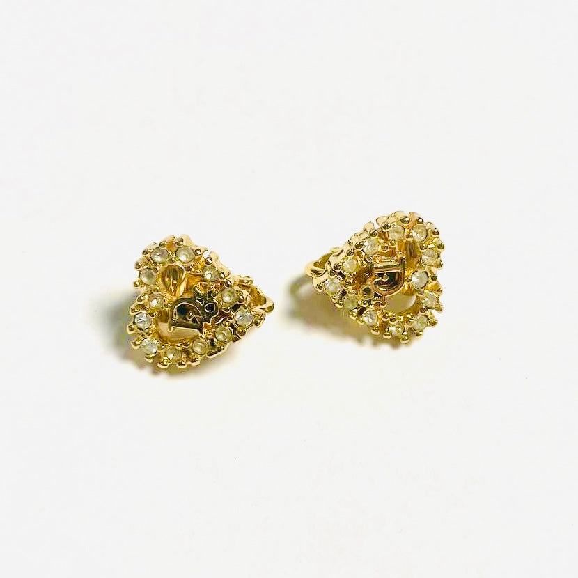 Christian Dior CD Monogram Logo Gold Signature Vintage Heart & Crystals Clip On Earrings