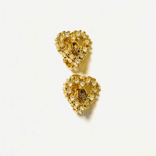 Christian Dior CD Monogram Logo Gold Signature Vintage Heart & Crystals Clip On Earrings