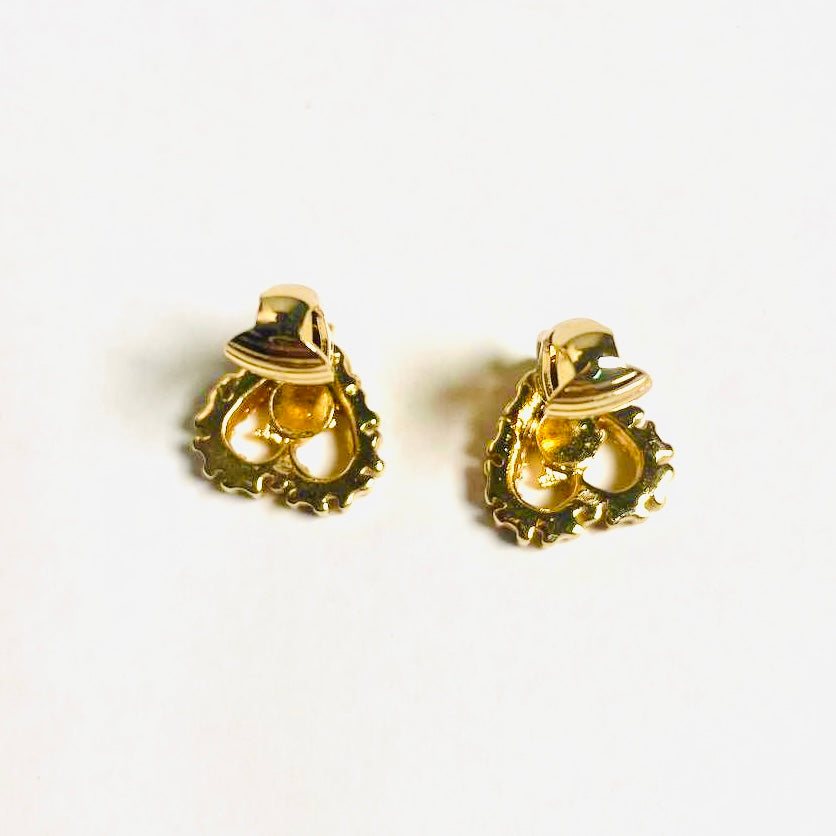 Christian Dior CD Monogram Logo Gold Signature Vintage Heart & Crystals Clip On Earrings
