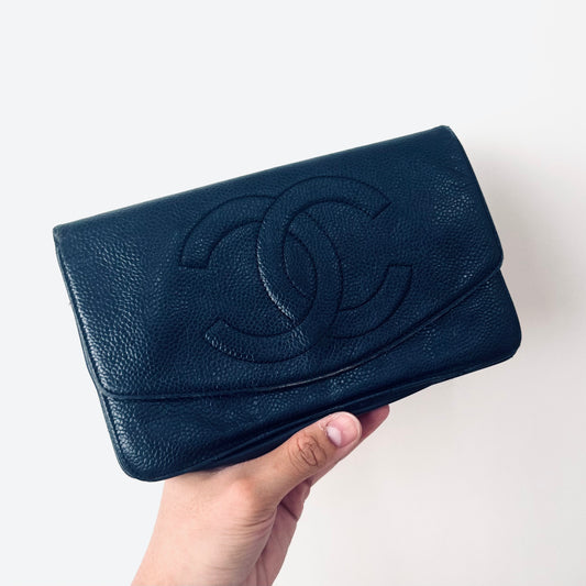 Chanel Navy Blue GHW Caviar Giant CC Logo Vintage Flap Long Wallet