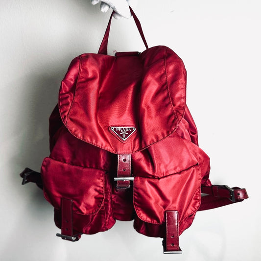 Prada Deep Red Tessuto Monogram Logo Nylon & Leather Flap Backpack Drawstring Bag