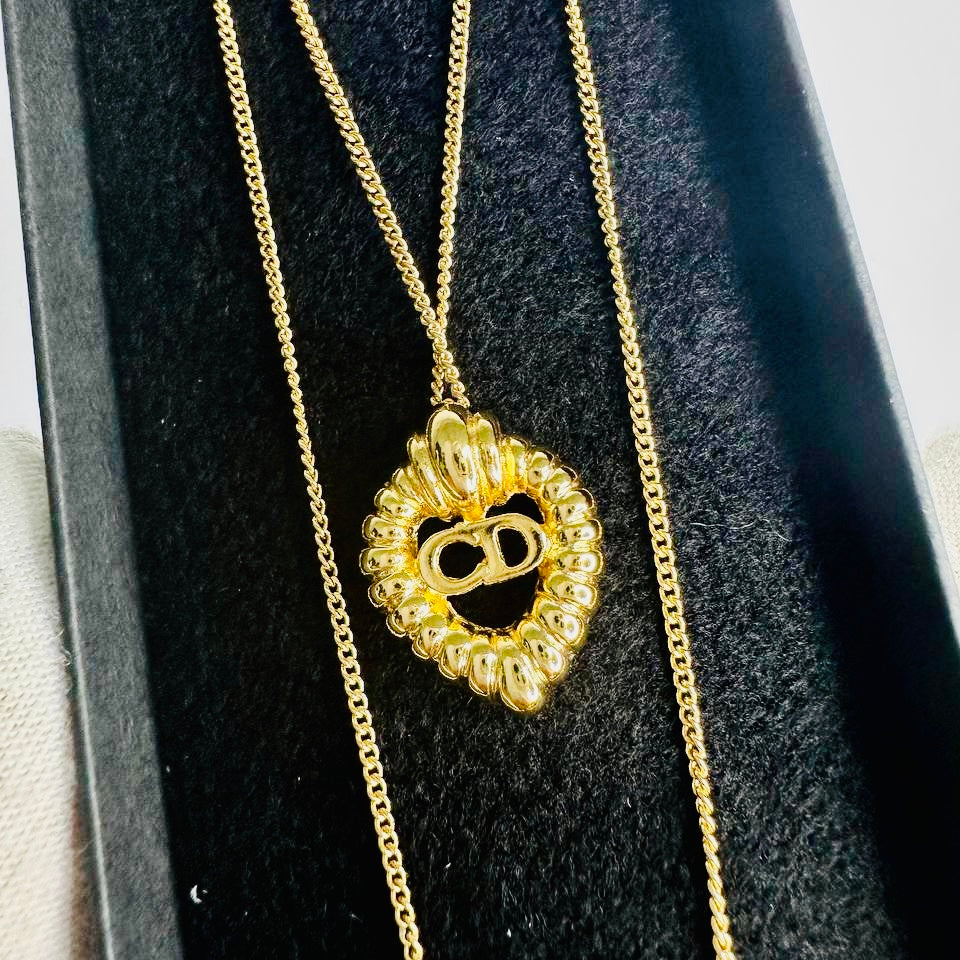 Christian Dior CD Giant Heart Gold Monogram Logo Pendant Necklace