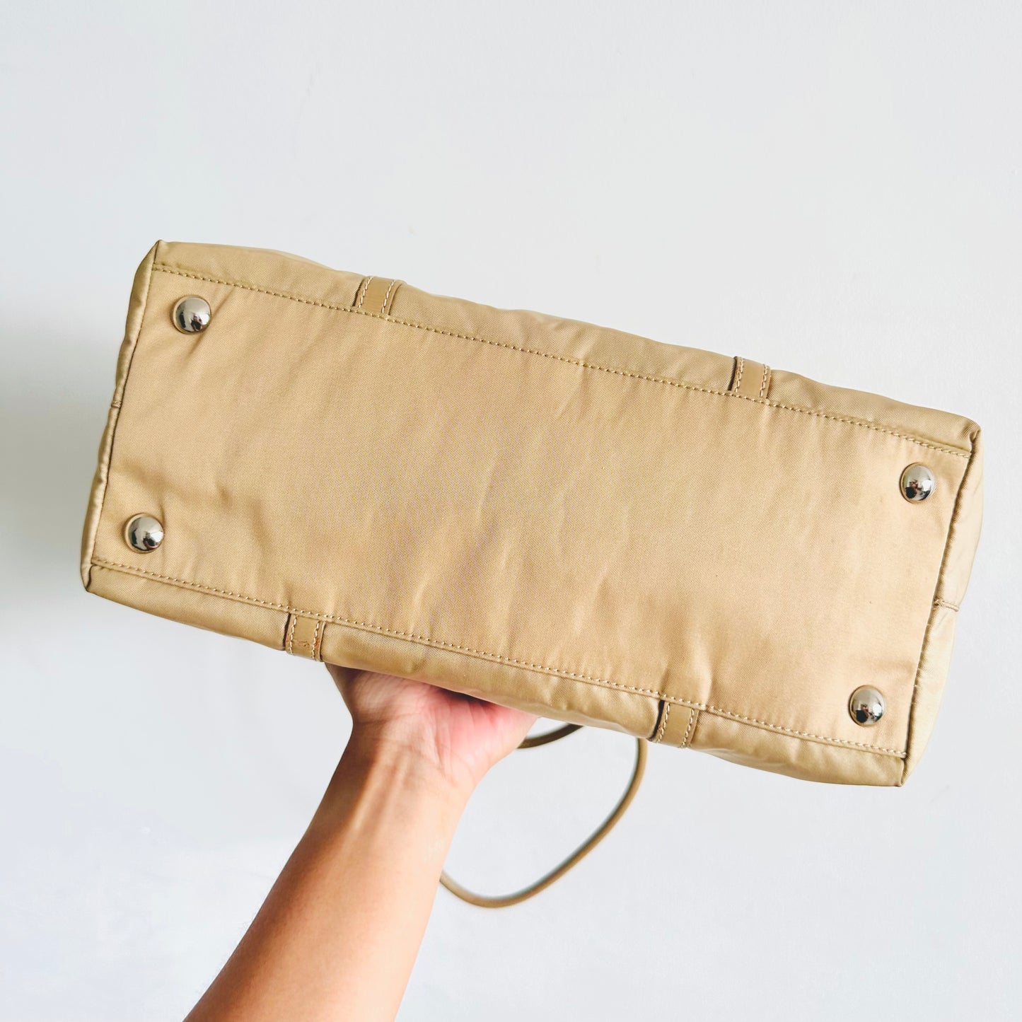 Prada Taupe Beige Tessuto Classic Logo Nylon & Leather Zip Shopper Shoulder Tote Bag