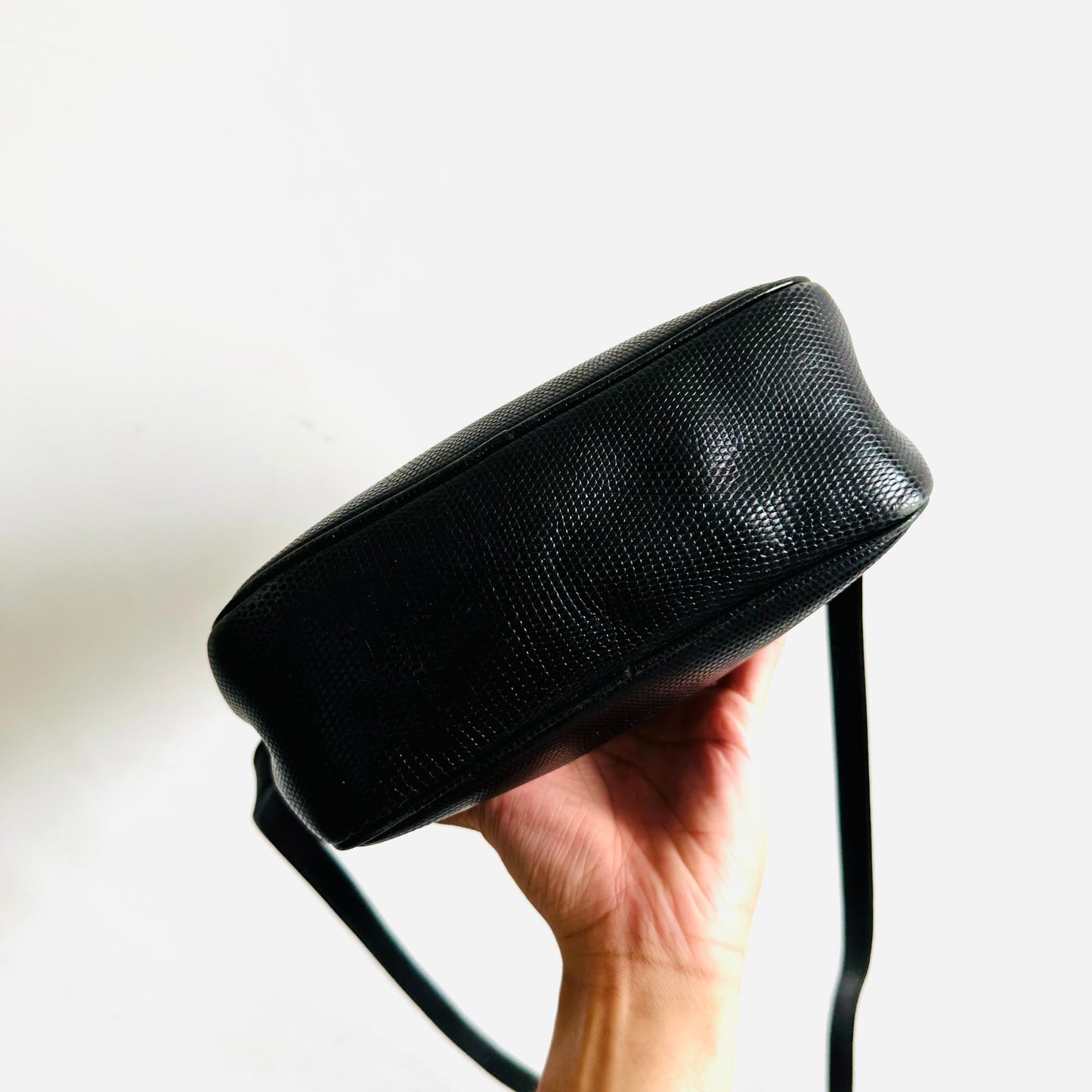 Salvatore Ferragamo Vara Bow Black GHW Monogram Logo Embossed Leather Small Camera Shoulder Sling Bag
