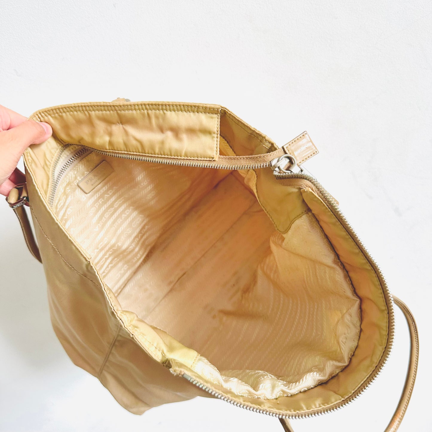 Prada Taupe Beige Tessuto Classic Logo Nylon & Leather Zip Shopper Shoulder Tote Bag