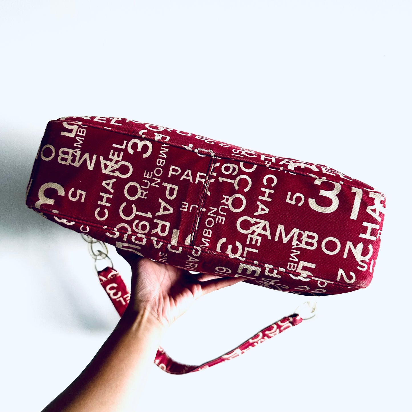 Chanel Maroon Red Coco Cambon CC Logo Vintage Baguette Hobo Shoulder Sling Bag 7s