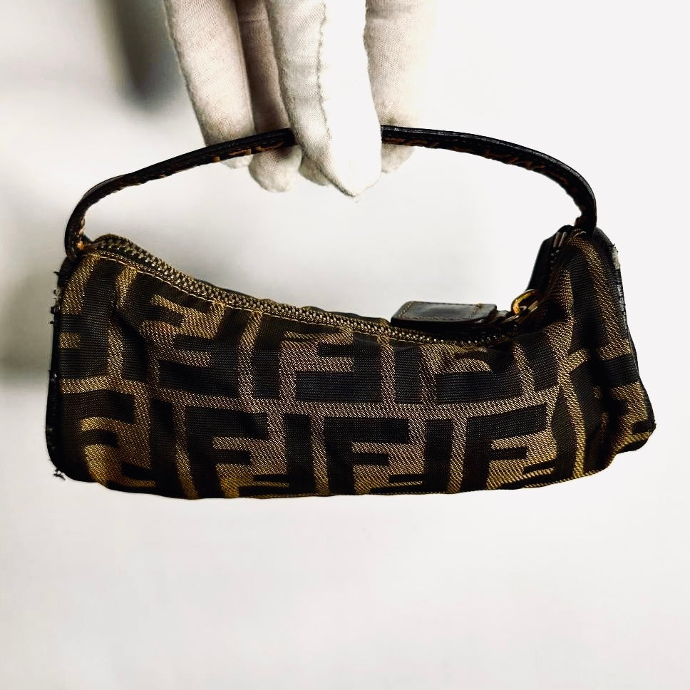 Fendi Zucca Roma Brown GHW FF Monogram Logo Roller Pochette Accessories Hobo Mini Bag