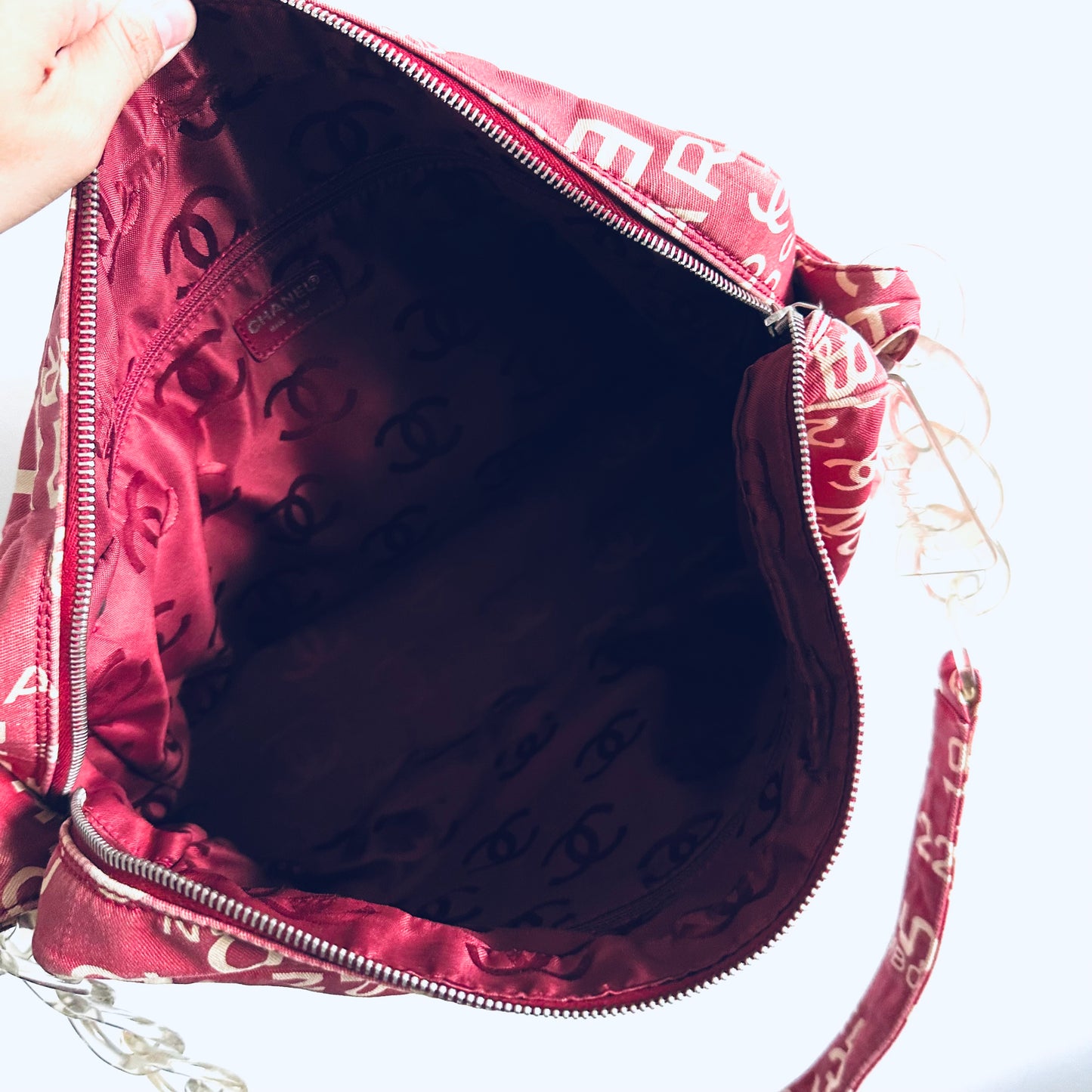 Chanel Maroon Red Coco Cambon CC Logo Vintage Baguette Hobo Shoulder Sling Bag 7s