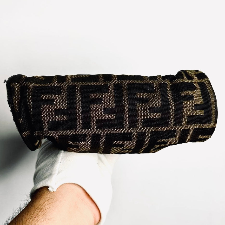 Fendi Zucca Roma Brown GHW FF Monogram Logo Roller Pochette Accessories Hobo Mini Bag