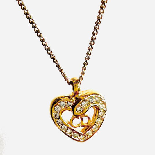 Christian Dior CD Giant Monogram Logo Gold Heart Pendant Necklace