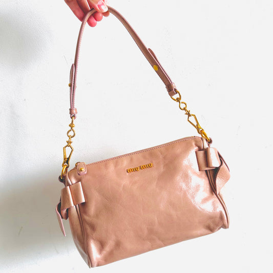 Miu Miu Blush Pink GHW Leather Classic Logo 2-Way Roller Hobo Shoulder Baguette Sling Bag