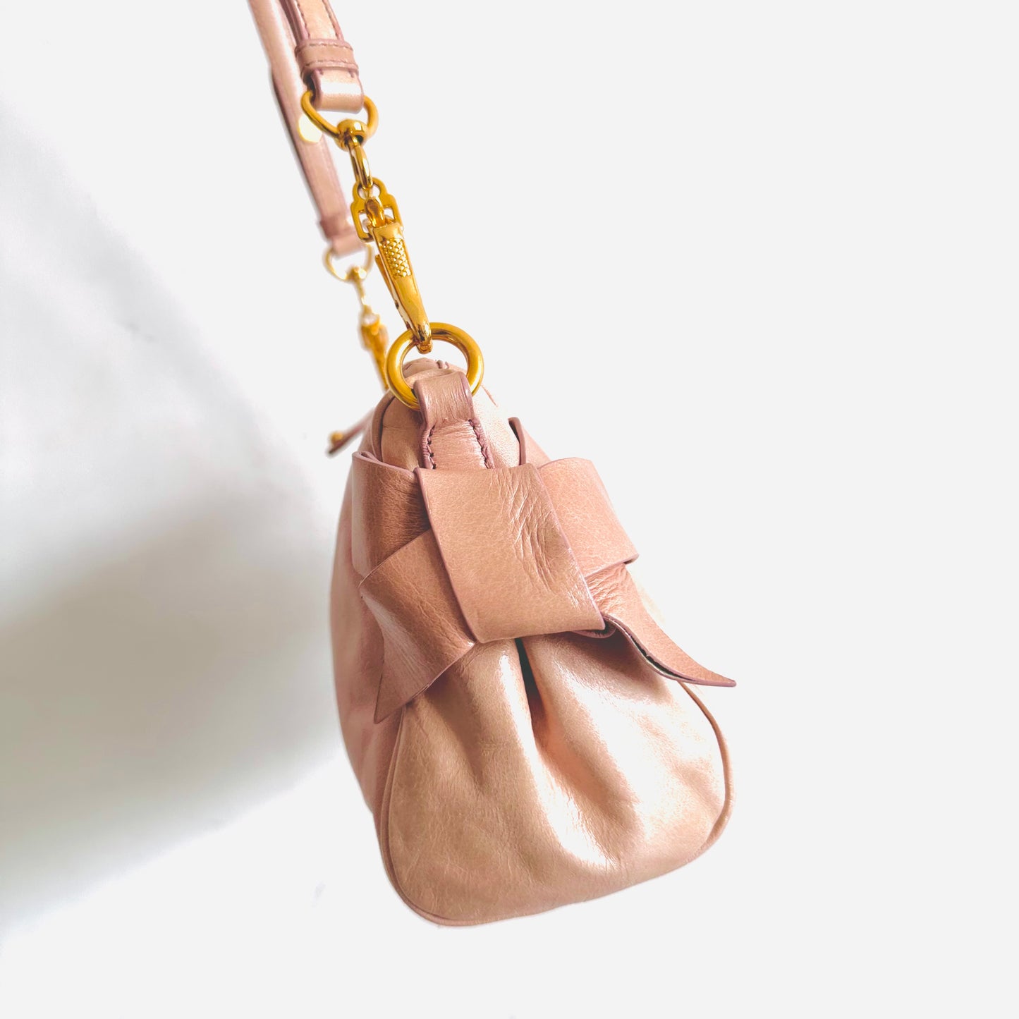 Miu Miu Blush Pink GHW Leather Classic Logo 2-Way Roller Hobo Shoulder Baguette Sling Bag