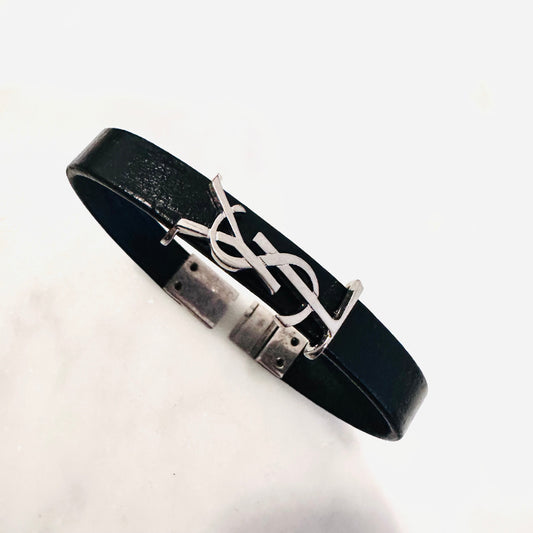 YSL Yves Saint Laurent Black Leather Monogram Logo Bracelet