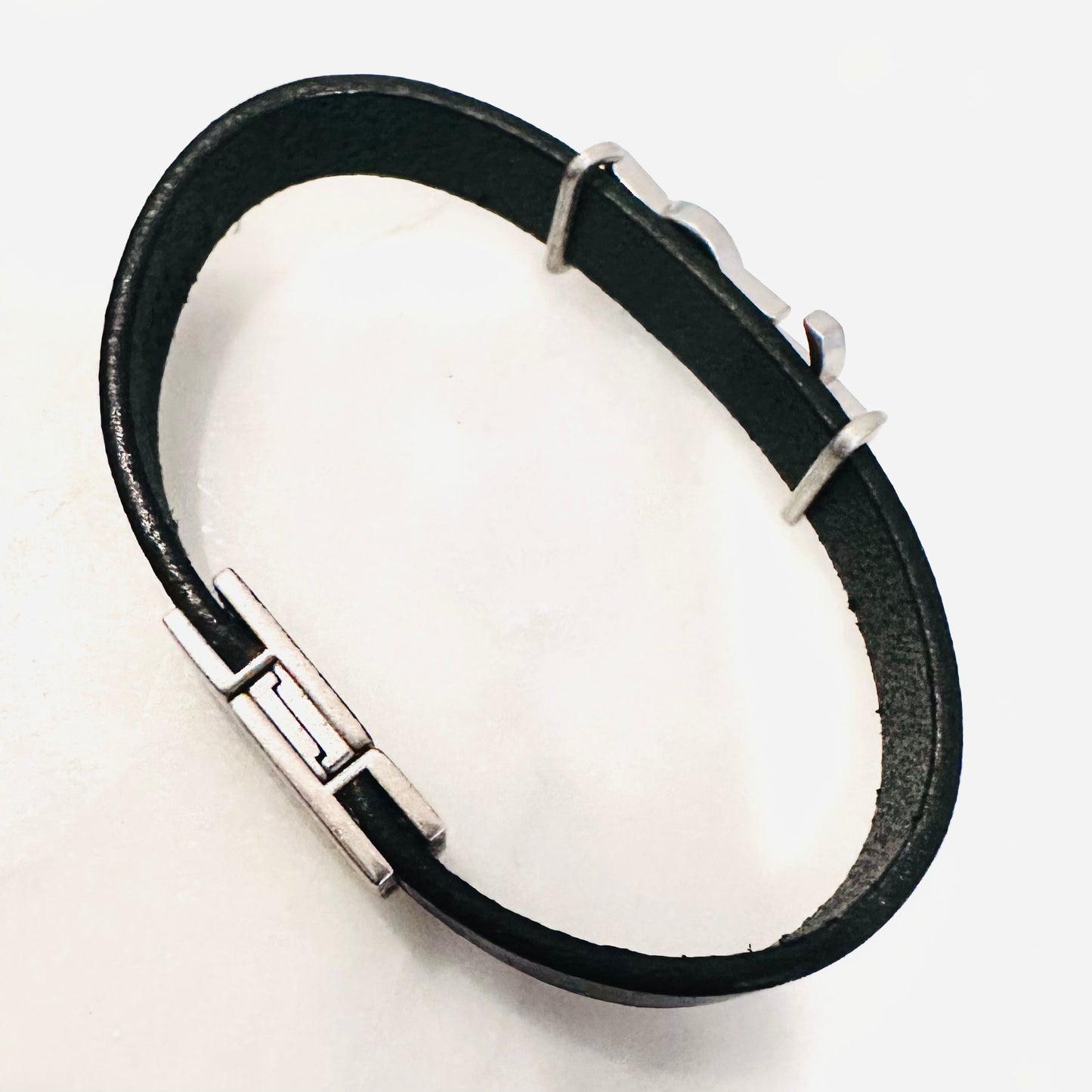 YSL Yves Saint Laurent Black Leather Monogram Logo Bracelet