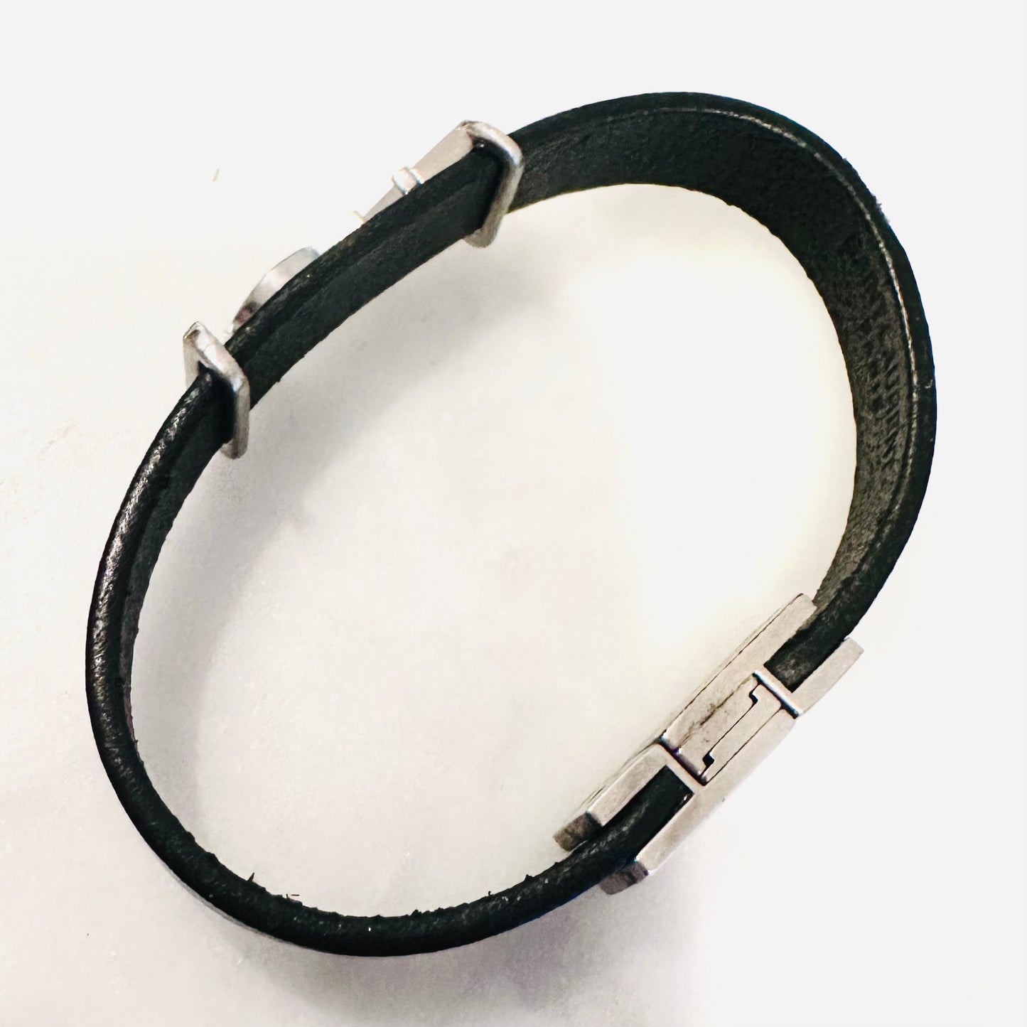YSL Yves Saint Laurent Black Leather Monogram Logo Bracelet
