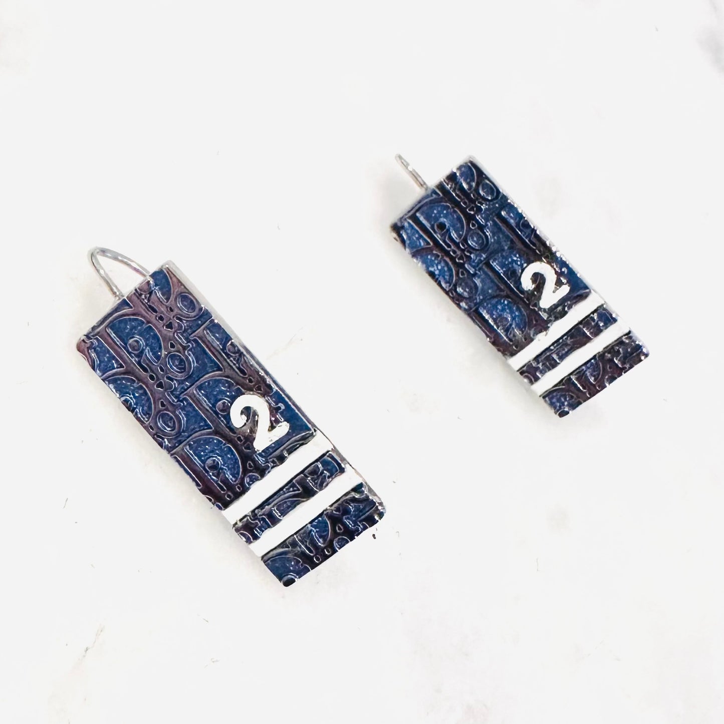Christian Dior CD Blue Tablet Silver Monogram Logo Dangling Stud Earrings
