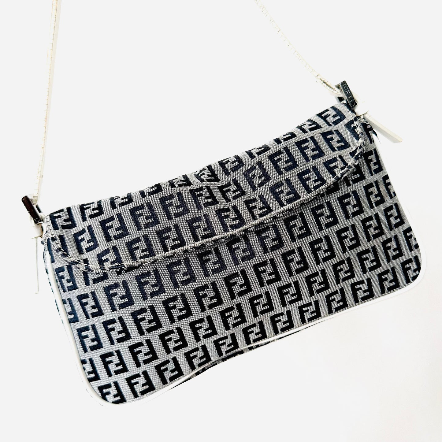 Fendi Zucca Navy Blue FF Monogram Logo Pochette Baguette Hobo Shoulder Bag