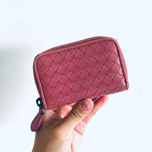 Bottega Veneta BV Intrecciato Mauve Rose GHW Nappa Woven Leather Zippy Zip Around Compact Purse Wallet