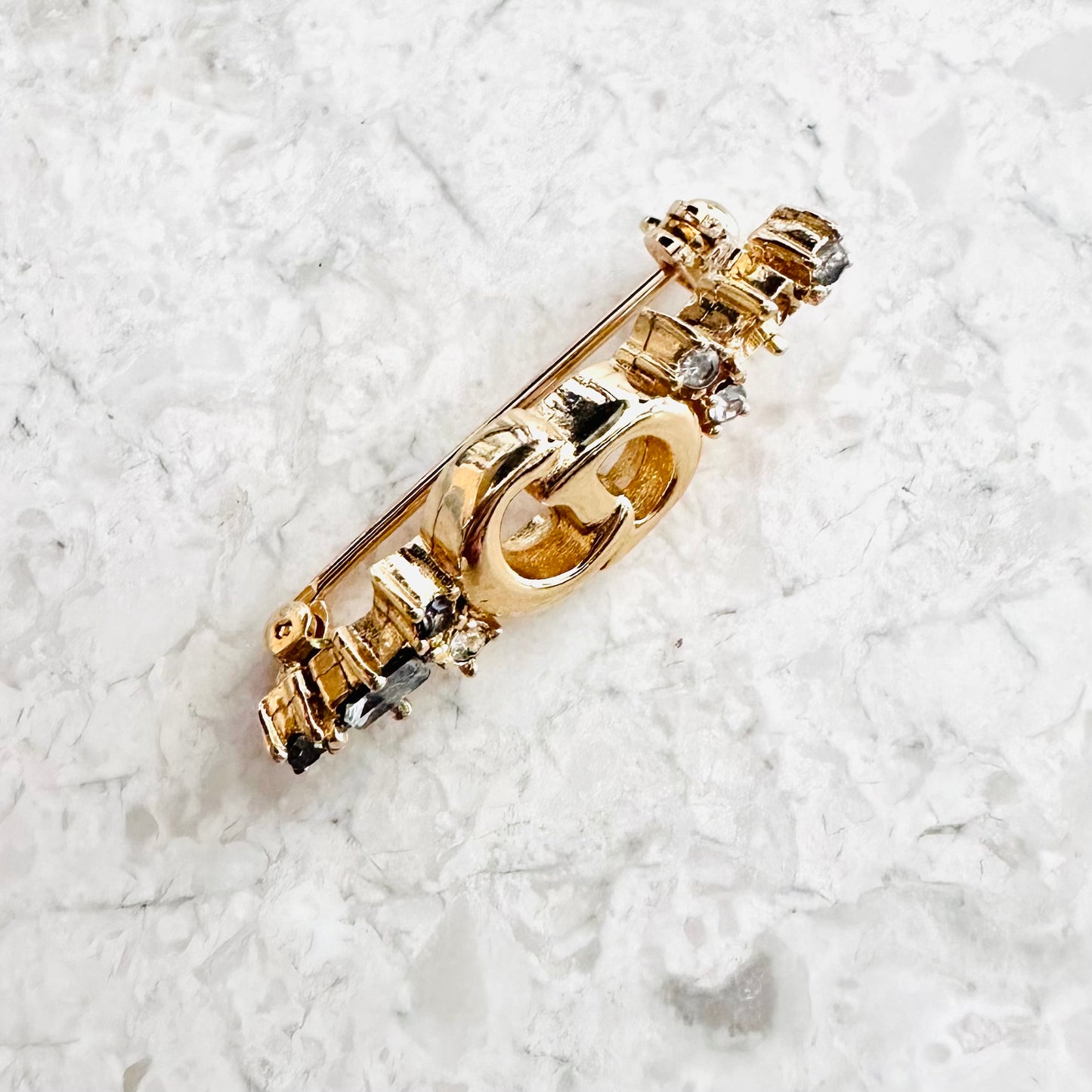 Christian Dior CD Gold & Crystals Monogram Logo Pin Brooch
