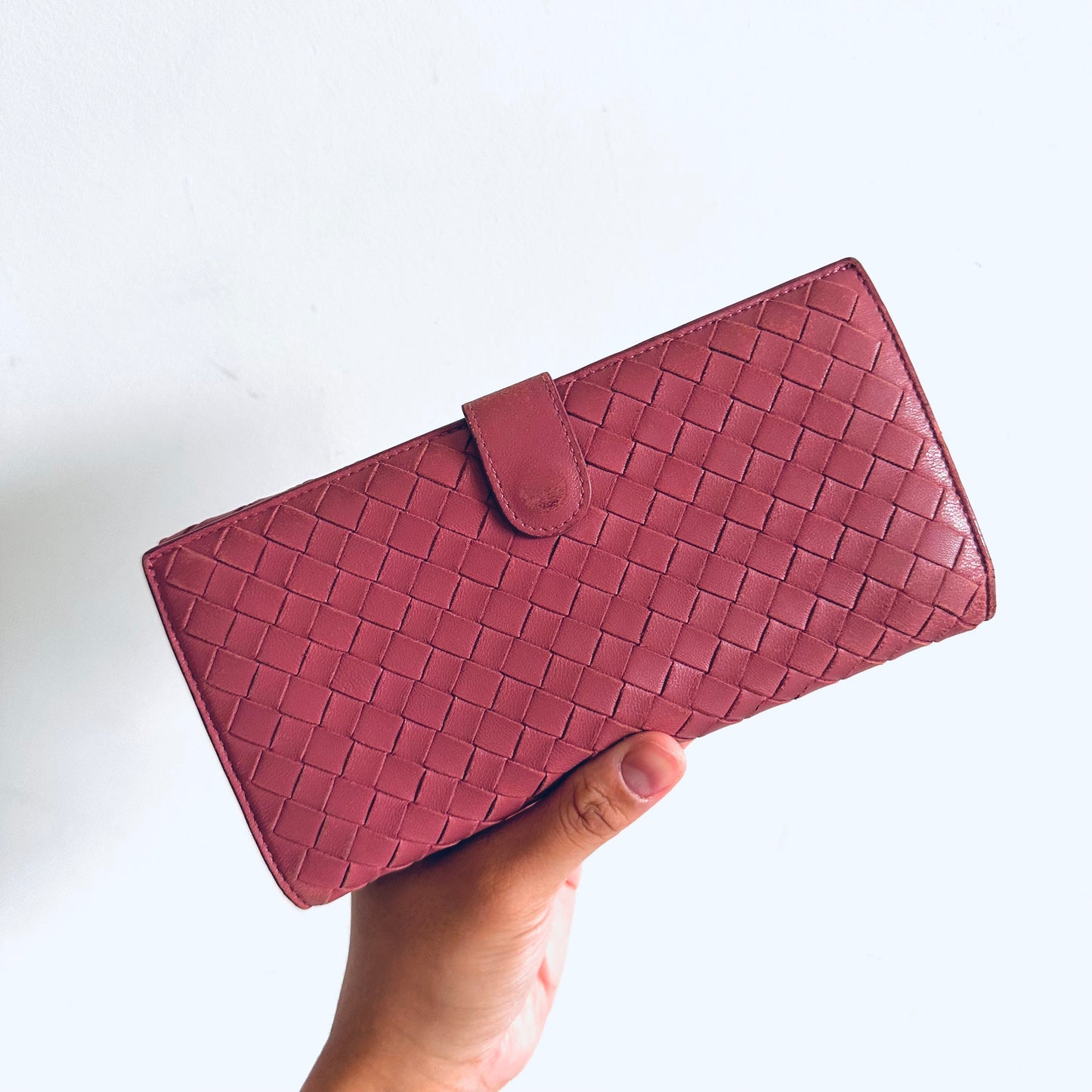 Bottega Veneta BV Mauve Rose Pink Continental Intrecciato Nappa Woven Leather Flap Bifold Long Wallet