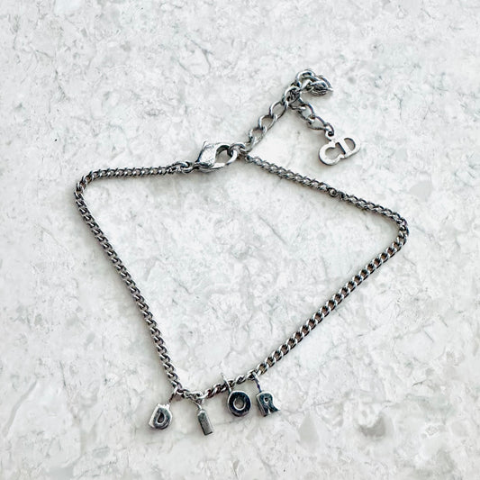 Christian Dior CD Monogram Logo Charms Signature Classic Silver Chain Bracelet