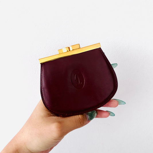 Cartier Maroon GHW Monogram Logo Smooth Leather Vintage Round Coin Purse