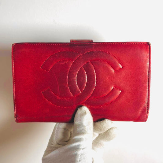Chanel Red GHW Giant CC Logo Lambskin Leather Vintage Long Flap Bifold Wallet