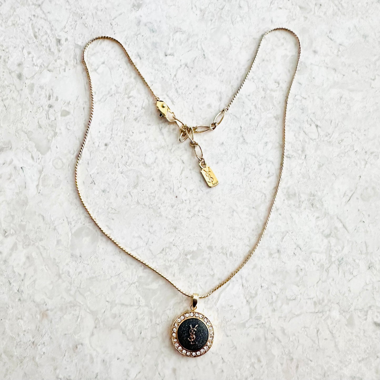 YSL Yves Saint Laurent Black & Crystals Gold Monogram Logo Pendant Chain Necklace