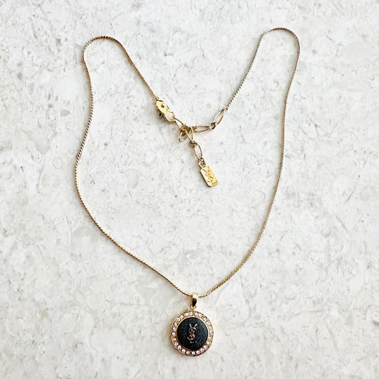 YSL Yves Saint Laurent Black & Crystals Gold Monogram Logo Pendant Chain Necklace