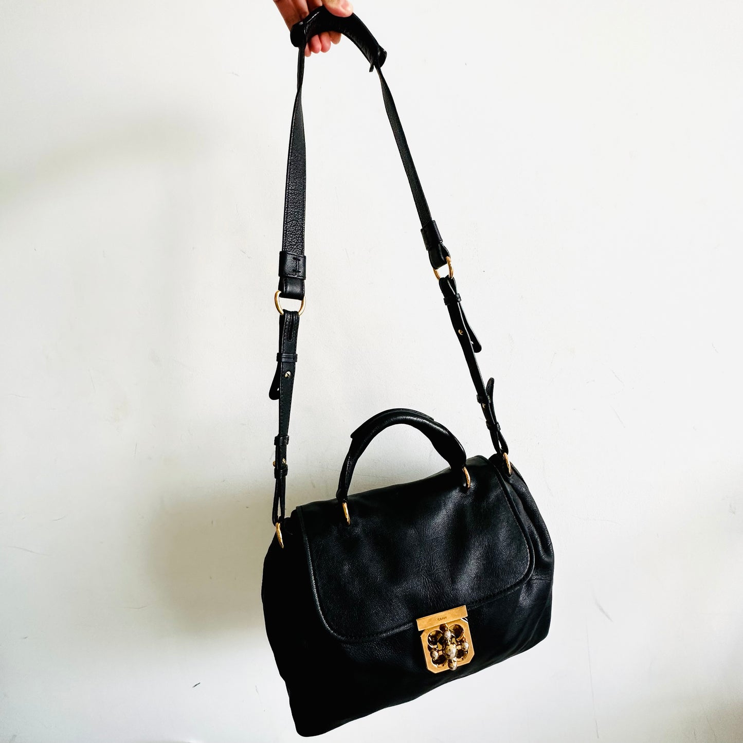 Chloe Elsie Black GHW Classic Leather Monogram Logo Turnlock Flap Top Handle Shoulder Sling Bag