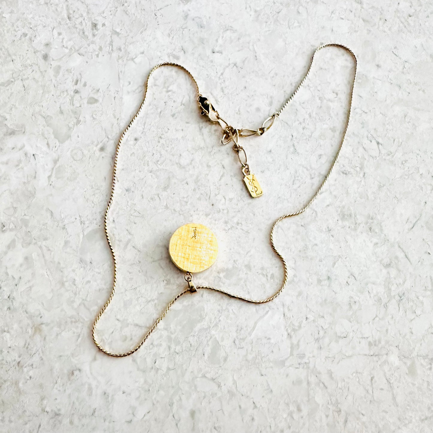 YSL Yves Saint Laurent Black & Crystals Gold Monogram Logo Pendant Chain Necklace