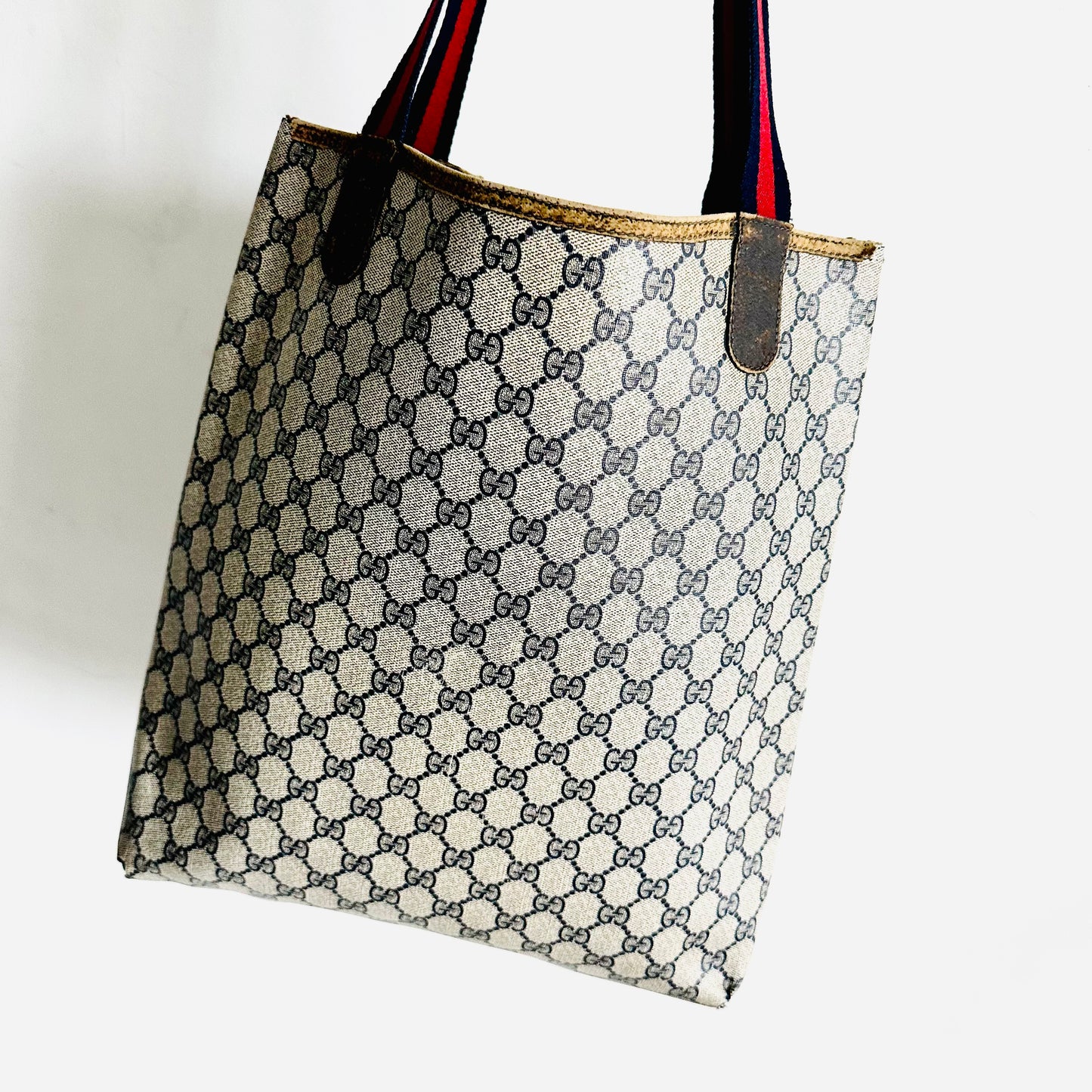 Gucci Navy Blue GG Monogram Logo Web Striped Straps Shopper Shoulder Tote Bag